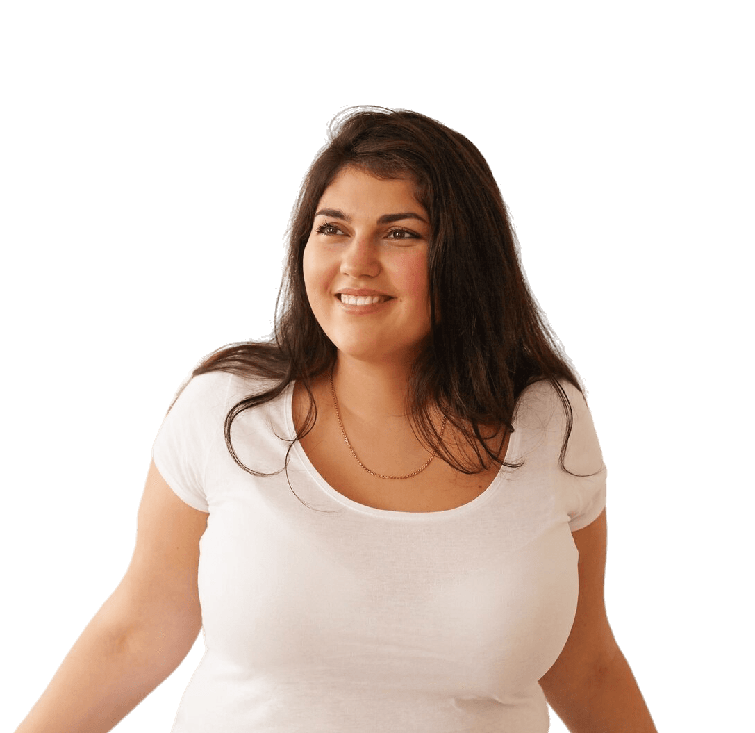 Smiling woman celebrating weight-loss success
