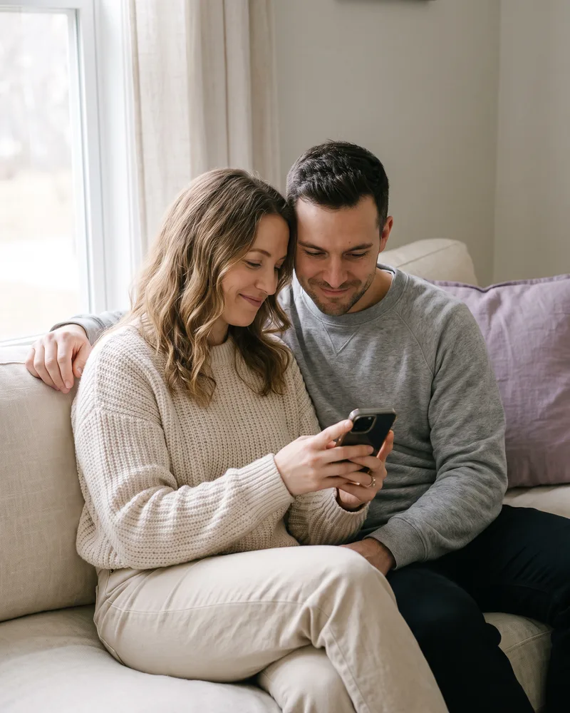 A couple trying to conceive reviewing their fertility testing steps in the Gala app