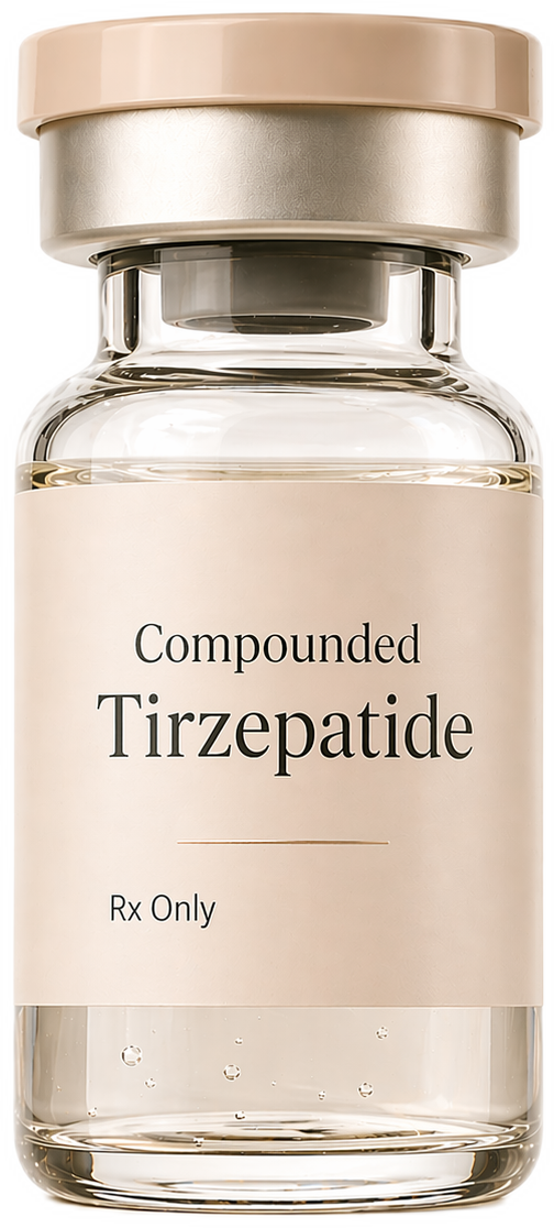 Vial of compounded Tirzepatide medication, representing the core treatment